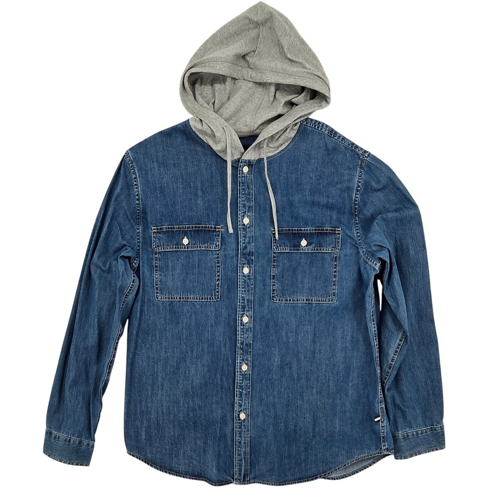 Edgar +‎ Ash Hooded Denim Shirt Mens Large Blue Grey Excellent Layered Button Up